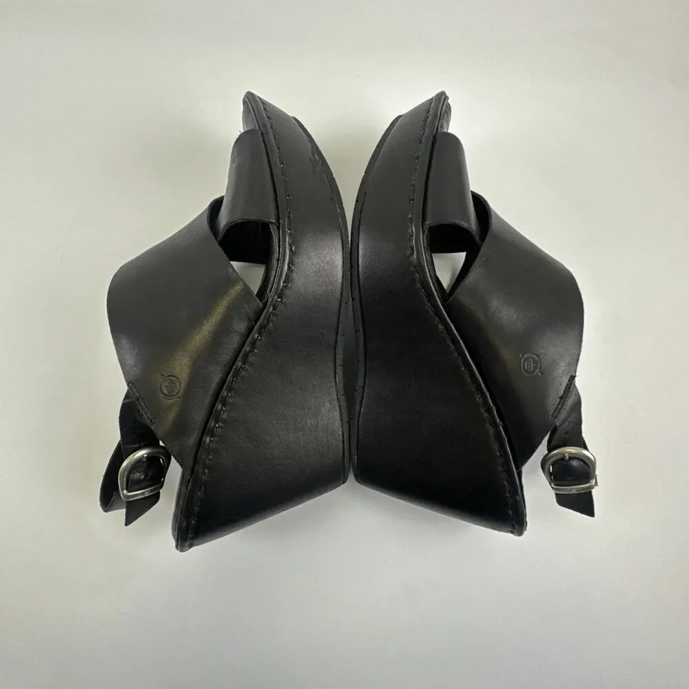 Born Emmy II Platform Slingback Sandal Black‎ Leather Buckle Straps Womens 10
